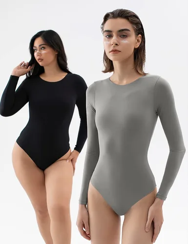 Vista 60 de PUMIEY Body de cuello redondo y manga larga con sensación de segunda piel para mujer, colección Smoke Cloud 01 Negro azabache