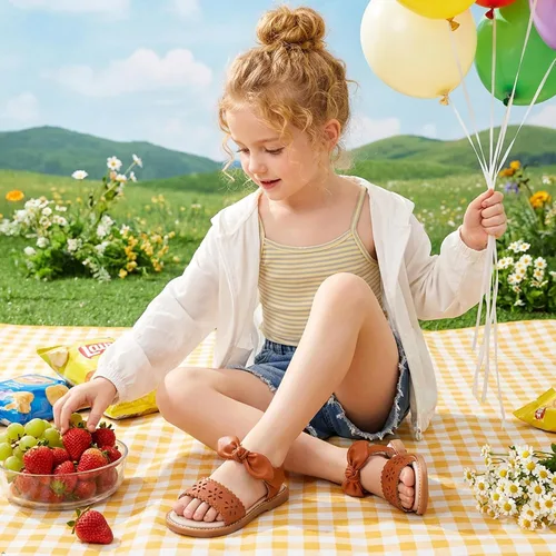 Vista 2 de GINFIVE Sandalias planas para niñas pequeñas, zapatos de vestir con punta Gf361-marrón