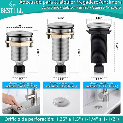 Vista 5 de BESTILL Kit de Interruptor de Aire para Triturador de Basura - Certificado UL, Latón 2.95" Corto para Parte Superior del Fregadero, Botón de Níquel