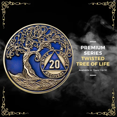 Vista 4 de 1 año AA Medallion Twisted Tree of Life Gold Plated AA Recovery Chip - Azul translúcido