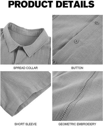 Vista 3 de Ryannology Camisas guayabera de lino de manga corta con botones para hombre, estilo casual, playa, campamento cubano, camisa mexicana para hombre