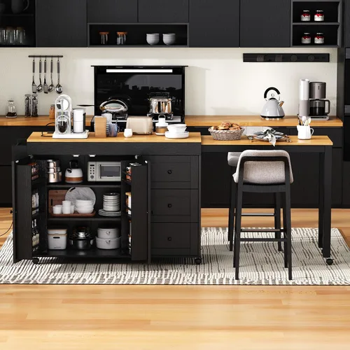 Vista 21 de RUNNA Isla de cocina acanalada de 82.6 pulgadas con mesa de comedor extensible para 4-6, mesa de isla para cocina con toma de corriente, mesa