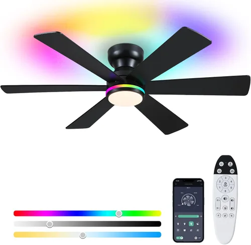 Vista 23 de Asyko Ventiladores de Techo con Luces, Ventilador de Techo de Perfil Bajo de 46" con Luz y Control Remoto, Montaje al Ras, Reversible, Regulable