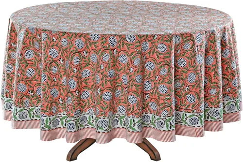 Vista 6 de Ridhi Mantel redondo con estampado de bloque a mano, 100% algodón, reutilizable, salmón oscuro, 90 pulgadas, mantel decorativo para uso diario