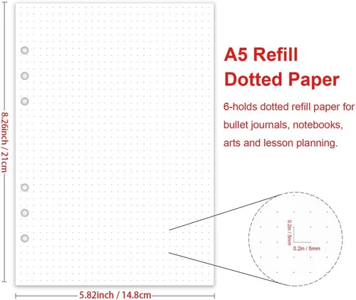 Vista 2 de Recambios de papel punteado A5 para planificador/carpetas/organizador A5 Filofax, 6 agujeros perforados, 100 hojas/200 páginas, 3.53 oz/m², 5.8 x