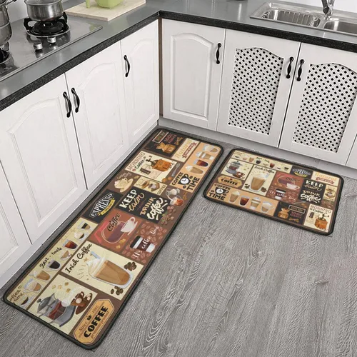 Vista 9 de Alfombras y esteras de cocina con tema de café (2 piezas), alfombra de cocina negra antideslizante lavable, suave, superabsorbente, juego