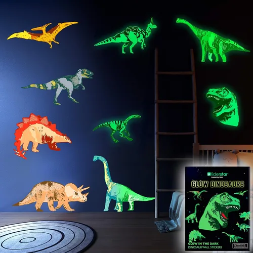 Vista 9 de Decoración de habitación de dinosaurios, calcomanías de pared de dinosaurios que brillan en la oscuridad para dormitorio de niños, calcomanías
