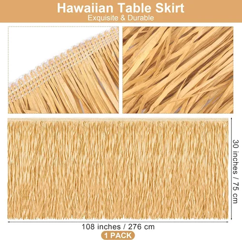 Vista 2 de Fovths 1 paquete de falda de mesa de hierba Luau con flecos de papel, falda de paja oscura de 108 x 30 pulgadas, faldas de mesa hawaianas