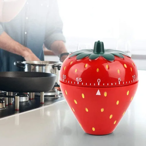 Vista 5 de Lindo temporizador de cocina de frutas, temporizador en forma de fresa, tiempo mecánico de dibujos animados, cuerda mecánica de fresa