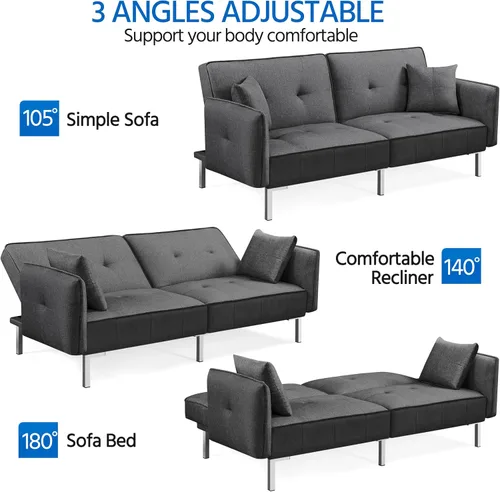 Vista 6 de Yaheetech Sofá cama, sofá cama, sofá convertible moderno, futón, sofás, cama, plegable, de tela de lino, sillón reclinable para sala de estar, gris