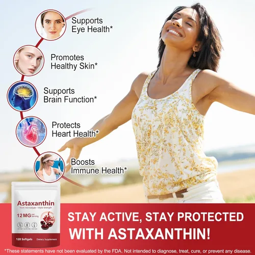 Vista 3 de Cápsulas blandas de astaxantina de 12 mg, 120 cápsulas Suministro para 4 meses Suplemento antioxidante premium para ojos, piel, articulaciones e