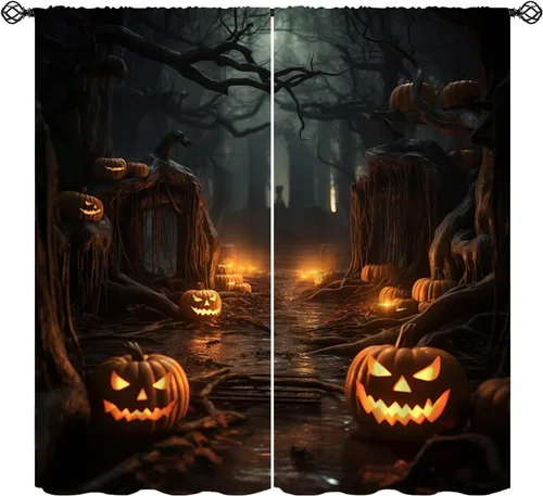 Vista 22 de Cortinas de Halloween con diseño de bosque gótico rojo, cruz gótica, Halloween, festividades, festival, tratamiento de ventana para sala de estar