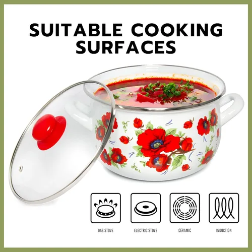 Vista 5 de Olla de aluminio esmaltado amapolas vientre cazuela profunda olla de cocina con tapa de vidrio Utensilios de cocina Olla de sopa (2.1 L)