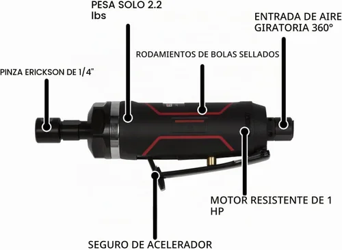Vista 5 de JET Amoladora neumática de 1/4 pulgadas, 20000 RPM (modelo JAT-480)