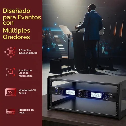 Vista 3 de Pyle Sistema de micrófono inalámbrico UHF de 4 canales con 4 micrófonos de cuello de cisne, rango de 300 pies, frecuencias seleccionables y receptor