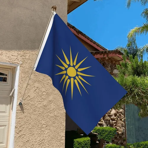 Vista 6 de Bandera de Macedonia griega de doble cara de poliéster de 3 x 5 pies, azul, blanco, amarillo, resistente a los rayos UV, resistente a