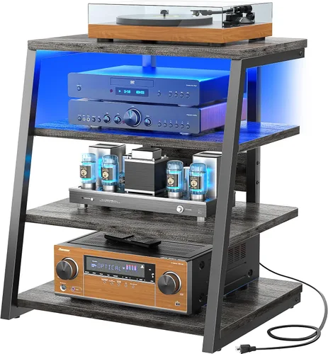 Vista 12 de Soporte multimedia AV de 4 niveles con tiras de alimentación, soporte estéreo con luces LED, torre de audio en rack con estantes ajustables, pequeño