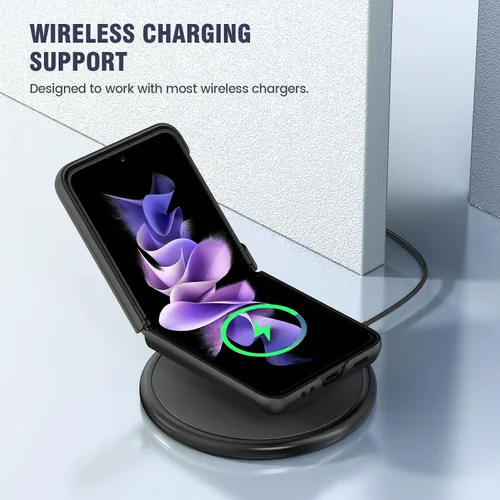 Vista 6 de Caka Compatible para Galaxy Z Flip 3 5G con soporte de patas, Funda para Z Flip 3 con protector de cámara, protección de bisagras y carga Negro