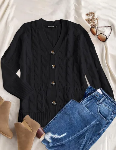 Vista 4 de MEROKEETY - Suéter de punto trenzado y manga larga para mujer, estilo cárdigan abierto al frente, con botones, para otoño, ropa de exterior holgada