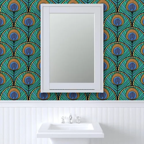 Vista 9 de Spoonflower Despegar y pegar papel pintado Swatch – Patrón de abanico Art Deco de pavo real pluma azul verde 1920 inspirado vintage dorado estampado