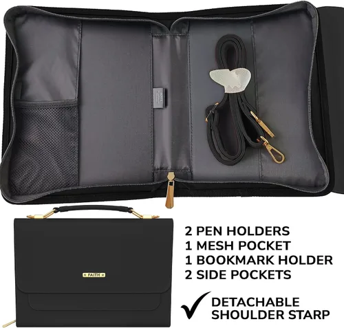Vista 3 de DEHITE Funda para la Biblia para mujer, bolsa de transporte para la Biblia, ranuras para bolígrafos, bolsillo con cremallera, correa para el hombro