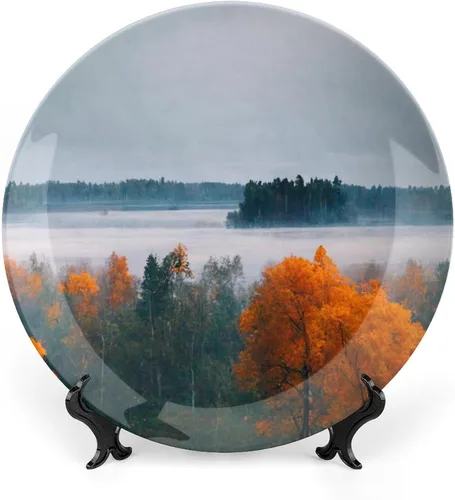 Vista 13 de Platos decorativos de pintura de paisaje de árboles de montaña otoñal, platos decorativos para decoración del hogar, platos de cena de temporada