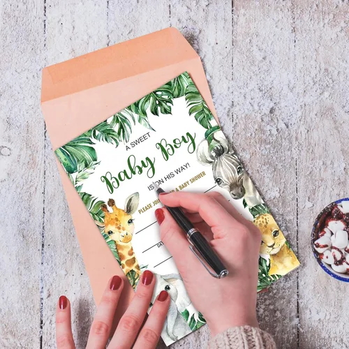 Vista 6 de Invitaciones de baby shower para niño, tarjetas de relleno de animales de la selva con sobres, de madera, juego de 25. green2