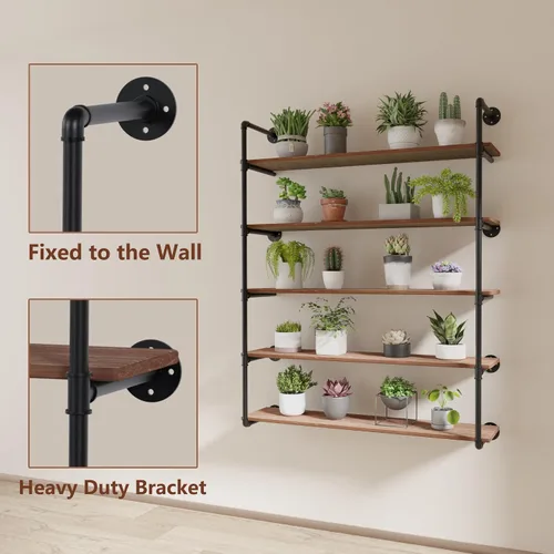Vista 6 de Estante industrial de tubo de hierro de 5 niveles, estantería de tubo de 48 pulgadas con tablón de madera maciza, estantes abiertos para libros