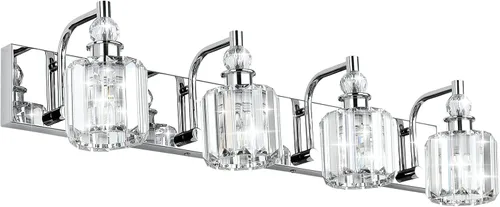 Vista 13 de Ralbay - Luces de tocador de cristal, 2 luces, modernas lámparas de cromo de cristal para iluminación de baño, para usar sobre el espejo