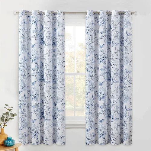 Vista 13 de Beauoop - Cortinas florales 100% blackout, de 84 pulgadas de largo, 2 paneles, para dormitorio, sala de estar, azul marino y blanco