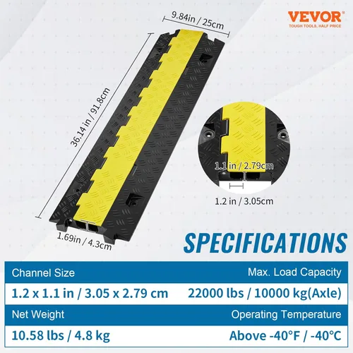 Vista 7 de VEVOR Rampa Protectora de Cables, 2 Canales, Capacidad de 22000 libras/eje, Cubierta Resistente de Cables de Alambre de TPU, Protector de Manguera