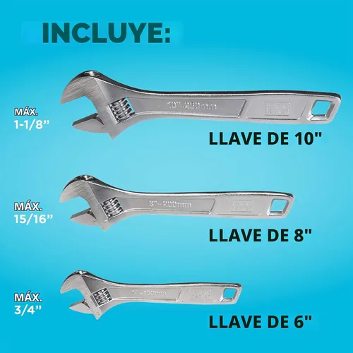 Vista 3 de BLACK+DECKER - Juego de llaves ajustables, 6 pulgadas, 8 pulgadas y 10 pulgadas, paquete de 3 (BDHT8159092APB)