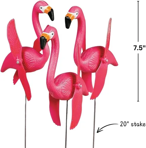 Vista 2 de Fun Express Juego de 6 adornos de mini flamencos rosados para patio, molinillos de viento para exteriores con alas giratorias, regalos de decoración
