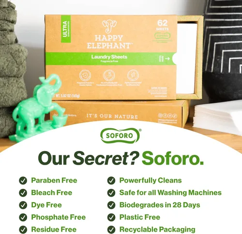 Vista 4 de Happy Elephant Hojas de detergente para ropa, sin fragancia, hojas de lavandería naturales biodegradables, a base de plantas, resistentes a