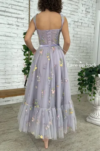 Vista 4 de Basgute Vestido de fiesta de tul con bordado de flores para mujer, corsé, largo, con tirantes delgados, de hadas, fruncido, formal, vestido de fiesta