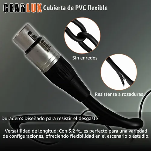 Vista 5 de Gearlux, cable de micrófono XLR, completamente balanceado, macho a hembra, 3.2 pies - paquete de 2