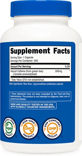 Vista 5 de Nutricost - Cafeína Natural 200 mg, 250 cápsulas vegetarianas - Sin gluten, sin OMG Sin OGM