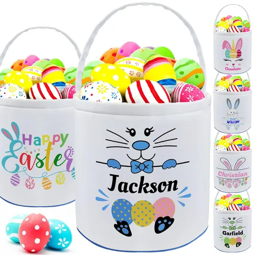 Vista 17 de Cesta de Pascua personalizada con nombre para niñas, niños y niños, cesta de Pascua personalizada bolsas de regalo para caza de huevos de Pascua