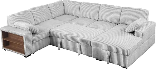 Vista 6 de Sofá cama modular convertible en forma de U de gran tamaño con sofá cama extraíble, sofá esquinero tapizado de pana de 6 plazas, sofá cama con diván