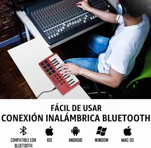 Vista 4 de M-VAVE Controlador de teclado MIDI USB de 25 teclas con 8 almohadillas de batería retroiluminadas, Bluetooth, teclado dinámico semi-pesado Rojo