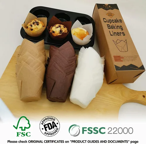Vista 5 de Bake Choice Nordic Paper 100 unidades de forros grandes para magdalenas de tulipán marrón para tazas de horneado, papel pergamino de la UE, forros