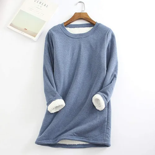 Vista 2 de Leodye Sherpa Lined Fleece Pullover for Women Winter Warm Fuzzy Sweatshirt Crewneck Solid Sweatshirts Loungewear Tunic Tops