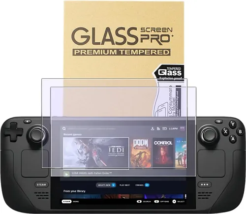 Vista 8 de Protector de pantalla para Steam Deck OLED de 7.4 pulgadas (2023) – Película de vidrio templado 9H, transparente HD antiarañazos, caja de piel