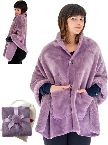 Vista 11 de EzrAllora Manta Poncho de Doble Capa Premium para Mujeres -Ponte y Listo Sin Mangas- Chal de Vellón Sherpa con Bolsillos - Manta Vestible - Regalos