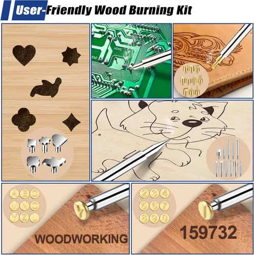 Vista 6 de Kit de Combustión de Madera, 163 Piezas de Herramienta de Quemador de Madera con Letras y Números, Pluma de Pirografía con Control de Temperatura