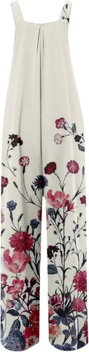 Vista 4 de Overol de algodón holgado para mujer, con estampado floral, bohemio, pierna ancha, con doble bolsillo, holgado, de algodón