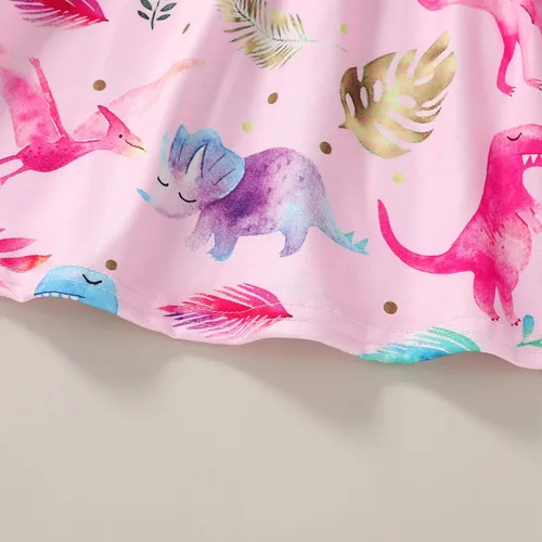 Vista 6 de Happy Town Vestido de dinosaurio para niñas y bebés, con volantes, manga con volantes, tutú de dinosaurio, vestido casual de verano