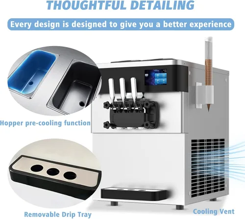 Vista 5 de Máquina comercial para hacer helados, 110 V, 2200 W, 3 sabores para encimera, suave, 5,3 a 7,4 galones/H, preenfriamiento, pantalla táctil LCD