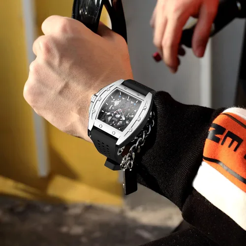 Vista 6 de Relojes automáticos para hombre Tonneau Skeleton Square Cara grande Reloj de pulsera casual impermeable con banda de silicona, caja de acero