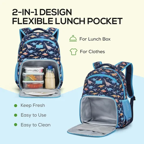 Vista 4 de mommore Mochila para niños con múltiples compartimentos, Dinosaurio, Mediana, Mochilas de viaje